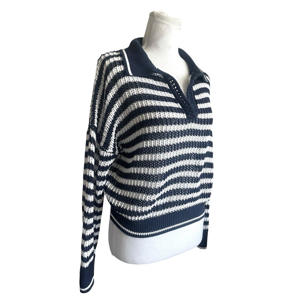 525 America Kimberly Cotton Navy Stripe Open Knit Polo Sweater XS Coastal Preppy - Picture 8 of 15
